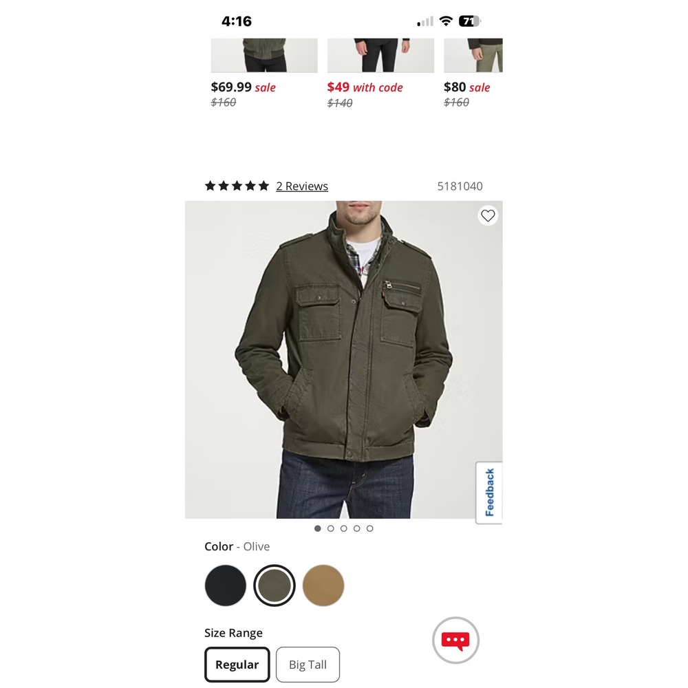 Levi's Mens Olive Green Military Utility Jacket Stand‎ Collar Zip Front Pockets